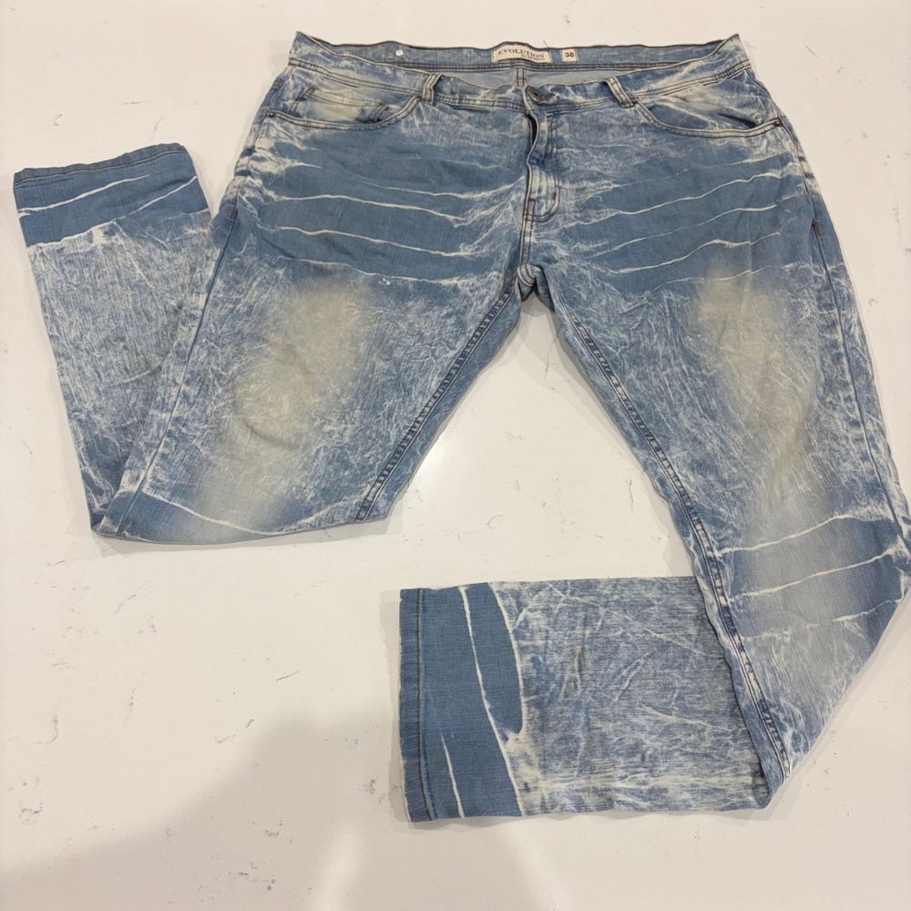 Y2K Evolution In Design Mens 38x34 Distressed Acid Wash Slim Straight Jeans Blue
